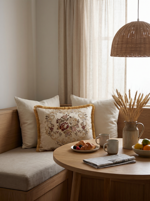 Russet Bloom: Sumptuous Damask Lumbar Pillow – Jacquard Embroidered