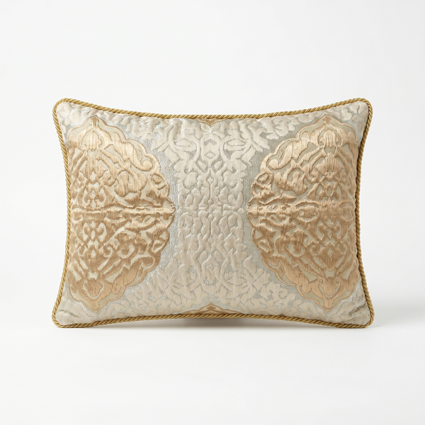 Champagne Beige Sand Cameo: Italian Baroque Cushion – Damask Lumbar – Cord Trim