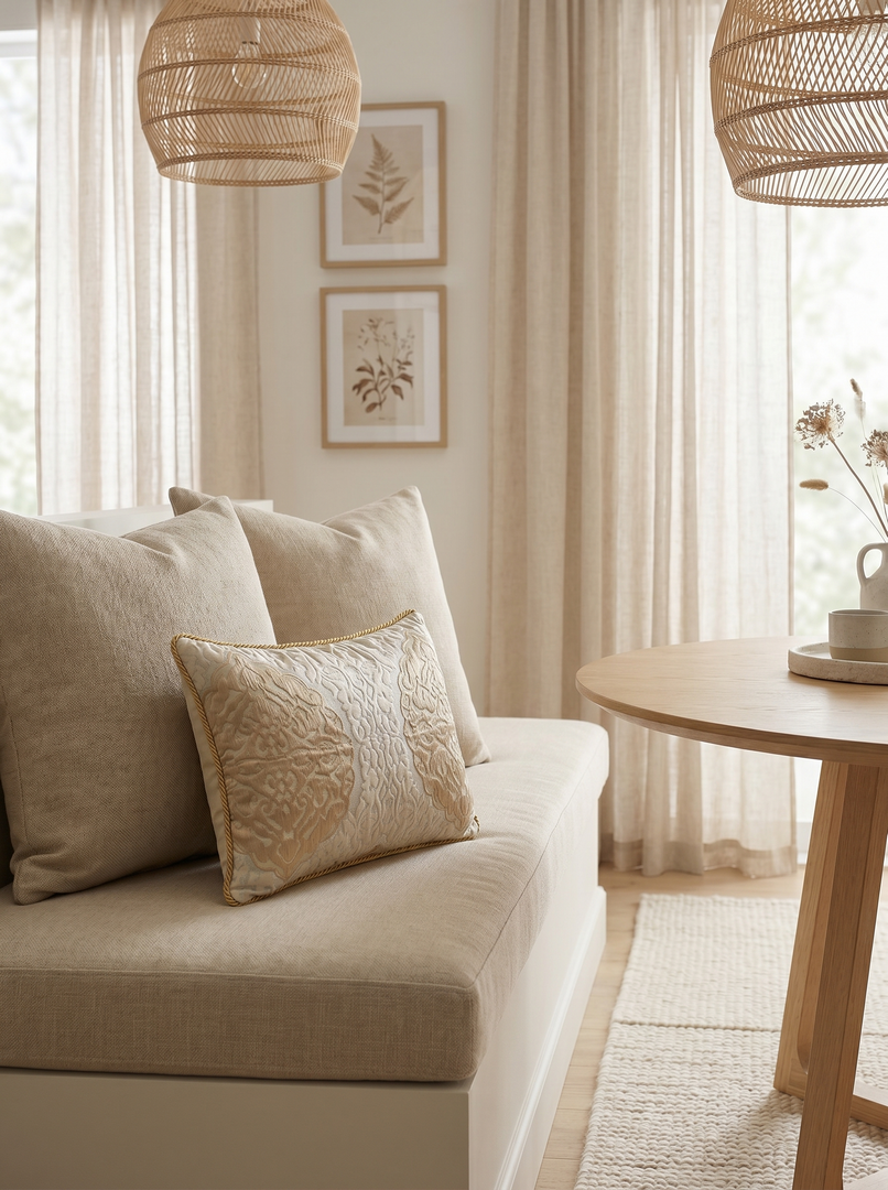 Champagne Beige Sand Cameo: Italian Baroque Cushion – Damask Lumbar – Cord Trim