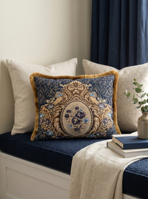 Sapphire Crest: Regal Damask Cushion Cover – Lumbar – Corded Edge