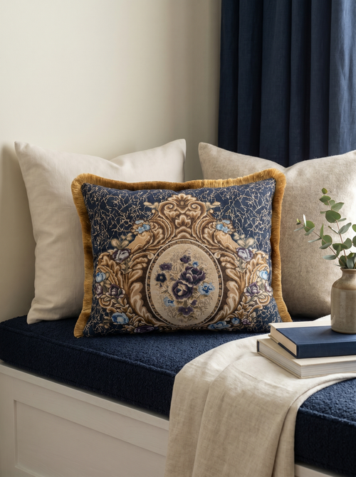 Sapphire Crest: Regal Damask Cushion Cover – Lumbar – Corded Edge