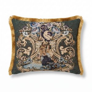 Sapphire Tale: Royal Baroque Lumbar Pillow Cover – Embroidered – Trim