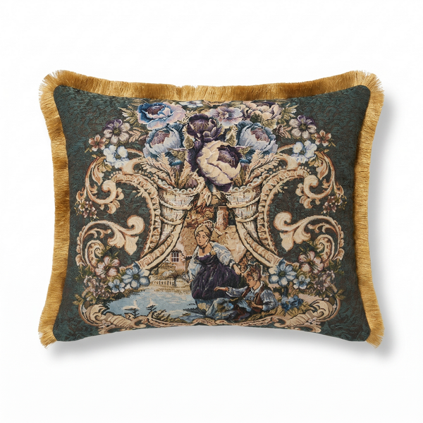 Sapphire Tale: Royal Baroque Lumbar Pillow Cover – Embroidered – Trim