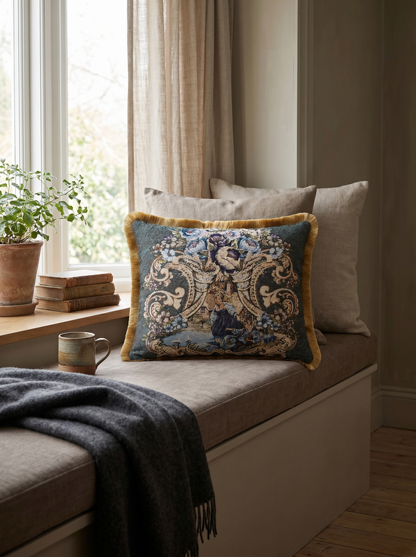 Sapphire Tale: Royal Baroque Lumbar Pillow Cover – Embroidered – Trim