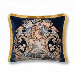 Sapphire Tale: Royal Baroque Lumbar Pillow Cover – Embroidered – Trim