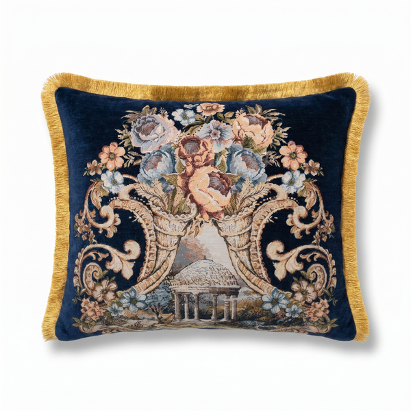 Sapphire Tale: Royal Baroque Lumbar Pillow Cover – Embroidered – Trim