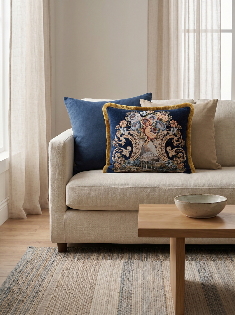 Sapphire Tale: Royal Baroque Lumbar Pillow Cover – Embroidered – Trim