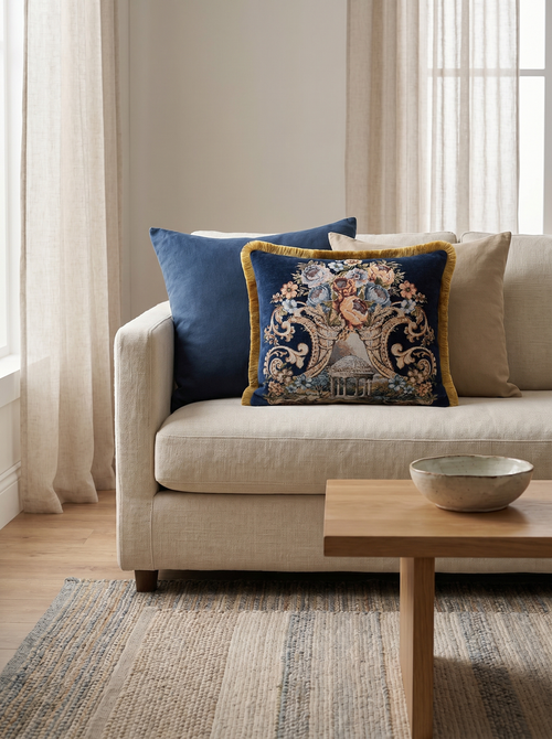 Sapphire Tale: Royal Baroque Lumbar Pillow Cover – Embroidered – Trim