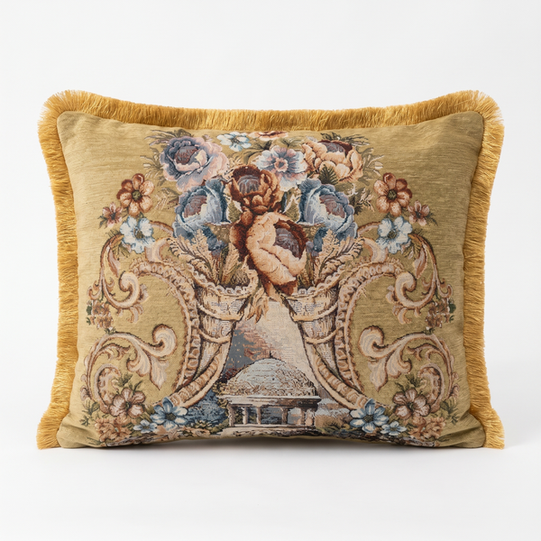 Sapphire Tale: Royal Baroque Lumbar Pillow Cover – Embroidered – Trim