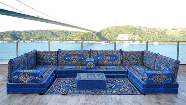 Blue Palace Elegance pattern U-shaped Arabic floor sofa set, photo 11 of 12