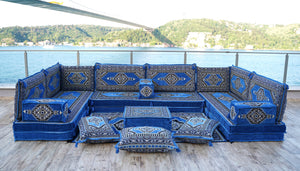 Blue Palace Elegance pattern U-shaped Arabic floor sofa set, photo 10 of 12