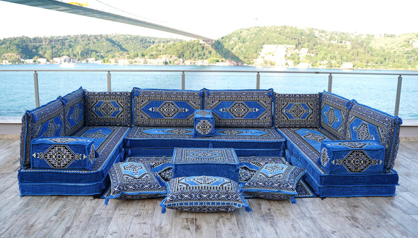 Blue Palace Elegance pattern U-shaped Arabic floor sofa set, photo 10 of 12