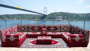 U Shaped Maroon Floor Cushions, Modern Arabic Majlis Set, Floor Sofa Set, Ethnic Sofa, Arabic Jalsa, Moroccan Sofa