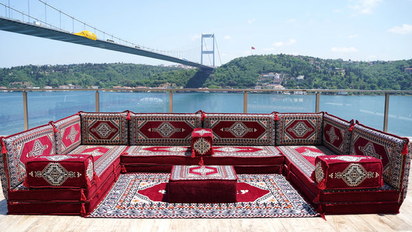 U Shaped Maroon Floor Cushions, Modern Arabic Majlis Set, Floor Sofa Set, Ethnic Sofa, Arabic Jalsa, Moroccan Sofa
