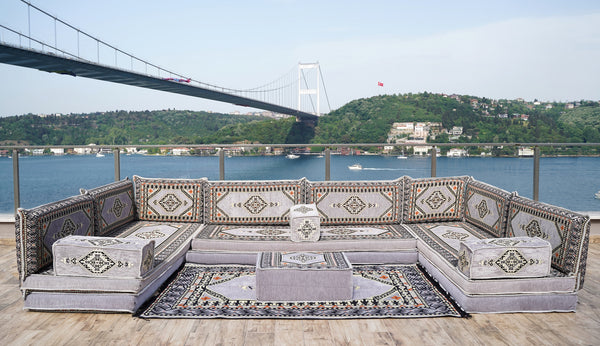 Gray Corner Sofa Seating Set, U Shaped Arabic Sofa Set, Oriental Floor Seating, Living Room Sofa, Sofa Slipcovers