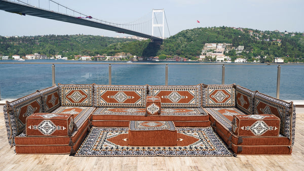 Brown Palace Elegance pattern U-shaped Arabic floor sofa set, photo 11 of 12
