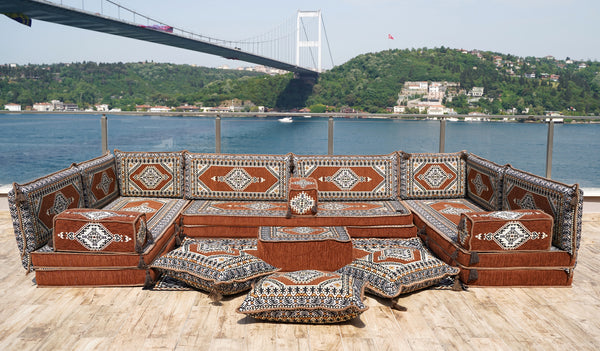 Brown Palace Elegance pattern U-shaped Arabic floor sofa set, photo 10 of 12