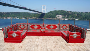 Red Palace Elegance pattern U-shaped Arabic floor sofa set, photo 13 of 13