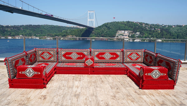 Red Palace Elegance pattern U-shaped Arabic floor sofa set, photo 13 of 13