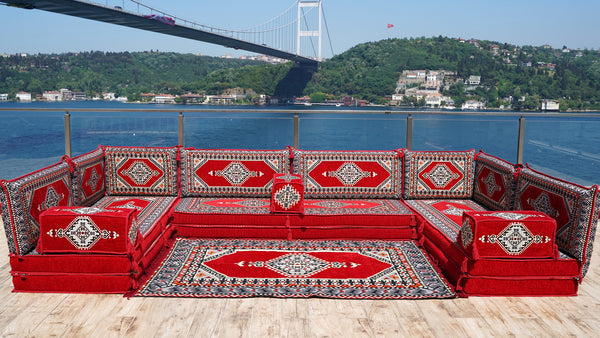 Red Palace Elegance pattern U-shaped Arabic floor sofa set, photo 12 of 12