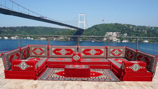 Red Palace Elegance pattern U-shaped Arabic floor sofa set, photo 11 of 12