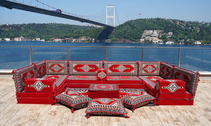 Red Palace Elegance pattern U-shaped Arabic floor sofa set, photo 10 of 12