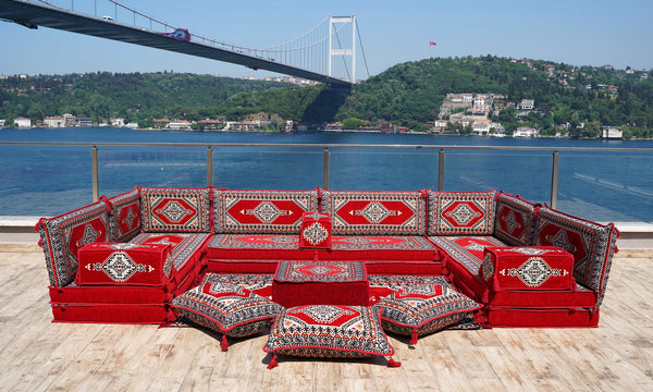 Red Palace Elegance pattern U-shaped Arabic floor sofa set, photo 10 of 12