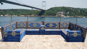 U-förmiges königsblaues arabisches Bodensofa-Set, Bodenkissen, Balkon- und Terrassensofas, Ethnische Sofas, Marokkanische Sofas