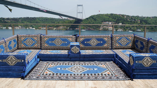 U-förmiges königsblaues arabisches Bodensofa-Set, Bodenkissen, Balkon- und Terrassensofas, Ethnische Sofas, Marokkanische Sofas