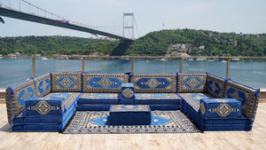 U-förmiges königsblaues arabisches Bodensofa-Set, Bodenkissen, Balkon- und Terrassensofas, Ethnische Sofas, Marokkanische Sofas