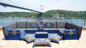 U-förmiges königsblaues arabisches Bodensofa-Set, Bodenkissen, Balkon- und Terrassensofas, Ethnische Sofas, Marokkanische Sofas