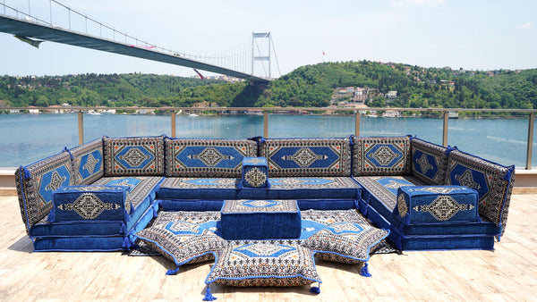 U-förmiges königsblaues arabisches Bodensofa-Set, Bodenkissen, Balkon- und Terrassensofas, Ethnische Sofas, Marokkanische Sofas