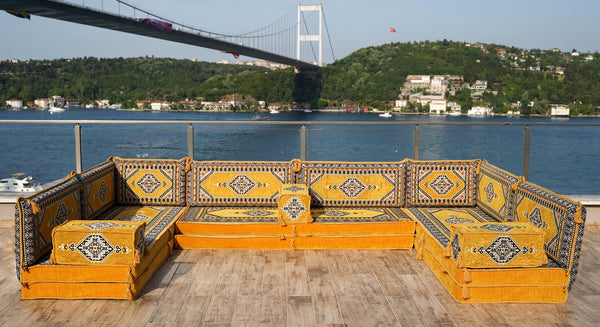 Yellow Palace Elegance pattern U-shaped Arabic floor sofa set, photo 13 of 13