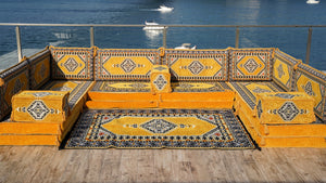 Yellow Palace Elegance pattern U-shaped Arabic floor sofa set, photo 12 of 12