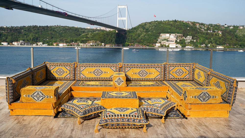 Yellow Palace Elegance: U Shaped Floor Sofa Set – 8 Inch Thick Arabic Sofa – Sectional Floor Couch – Oriental Cushion Set