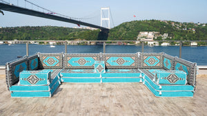 U Shaped Turquoise Arabic Floor Sofa Set, Floor Cushions, Balcony Patio Sofas, Pallet Sofa, Ethnic Sofa, Moroccan Sofas