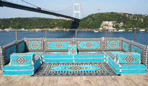 U Shaped Turquoise Arabic Floor Sofa Set, Floor Cushions, Balcony Patio Sofas, Pallet Sofa, Ethnic Sofa, Moroccan Sofas