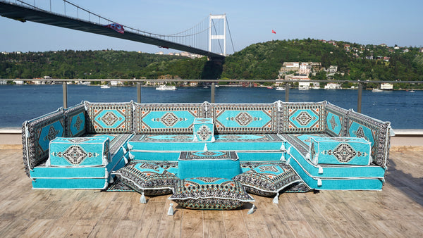 U Shaped Turquoise Arabic Floor Sofa Set, Floor Cushions, Balcony Patio Sofas, Pallet Sofa, Ethnic Sofa, Moroccan Sofas