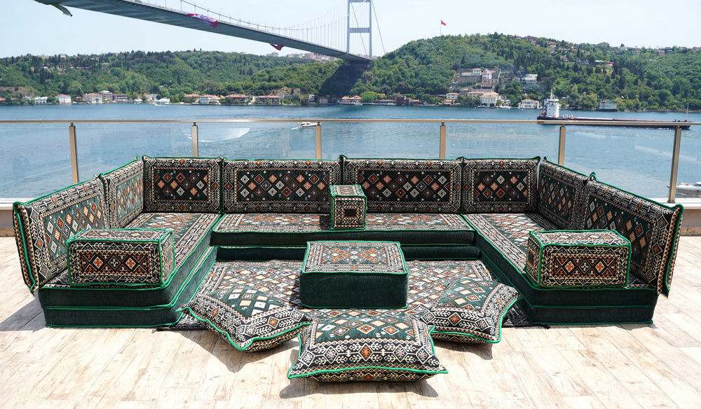 Green Chile Sunset: U Shaped Floor Sofa Set – 8 Inch Thick Arabic Majlis – Floor Seating Cushion – Authentic Arabic Sofa