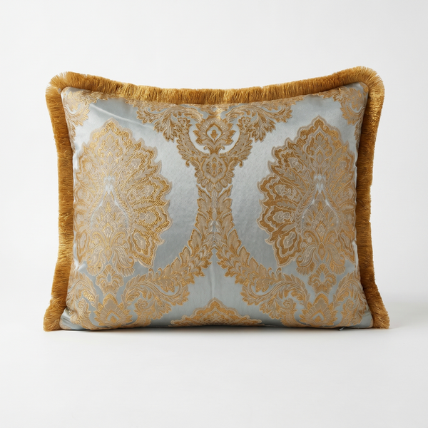 Smokey Pewter: Designer Damask Lumbar Pillow Cover – Cord Piping