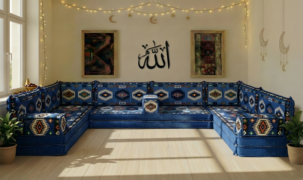 8 Inch Thick Corner Floor Sofa, Blue Diwan Sofa, Moroccan Style Couch for Ramadan, Arabic Floor Sofa with Cushions