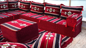 Maroon Damascus Stripe: L Shaped Floor Sofa Set – Arabic Floor Seating – Custom Size Sofa – Moroccan Style Couch
