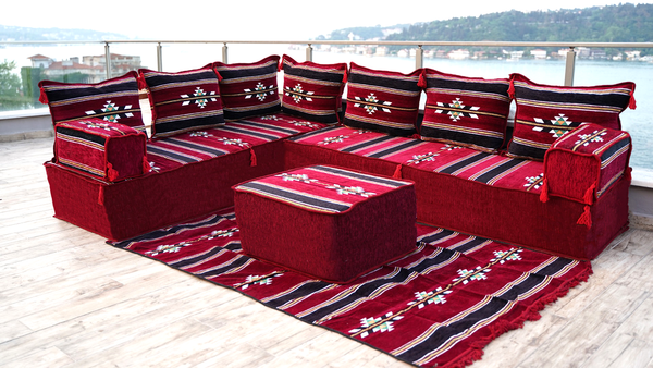 Maroon Damascus Stripe: L Shaped Floor Sofa Set – Arabic Floor Seating – Custom Size Sofa – Moroccan Style Couch