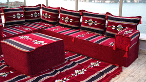 Maroon Damascus Stripe: L Shaped Floor Sofa Set – Arabic Floor Seating – Custom Size Sofa – Moroccan Style Couch