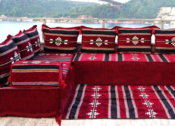 Maroon Damascus Stripe: L Shaped Floor Sofa Set – Arabic Floor Seating – Custom Size Sofa – Moroccan Style Couch