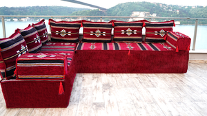 Maroon Damascus Stripe: L Shaped Floor Sofa Set – Arabic Floor Seating – Custom Size Sofa – Moroccan Style Couch