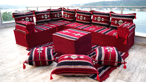 Maroon Damascus Stripe: L Shaped Floor Sofa Set – Arabic Floor Seating – Custom Size Sofa – Moroccan Style Couch