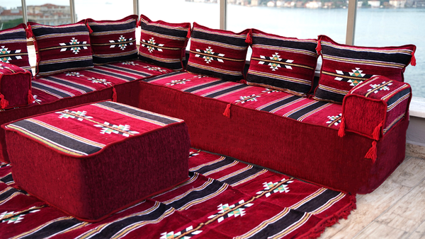 Maroon Damascus Stripe: L Shaped Floor Sofa Set – Arabic Floor Seating – Custom Size Sofa – Moroccan Style Couch