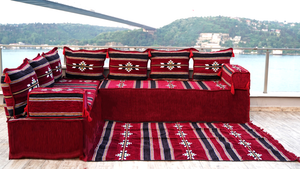 Maroon Damascus Stripe: L Shaped Floor Sofa Set – Arabic Floor Seating – Custom Size Sofa – Moroccan Style Couch
