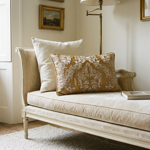 Cream Gold Sultan's Crest: Versailles Damask Pillow Cover – Lumbar – Embroidered Trim